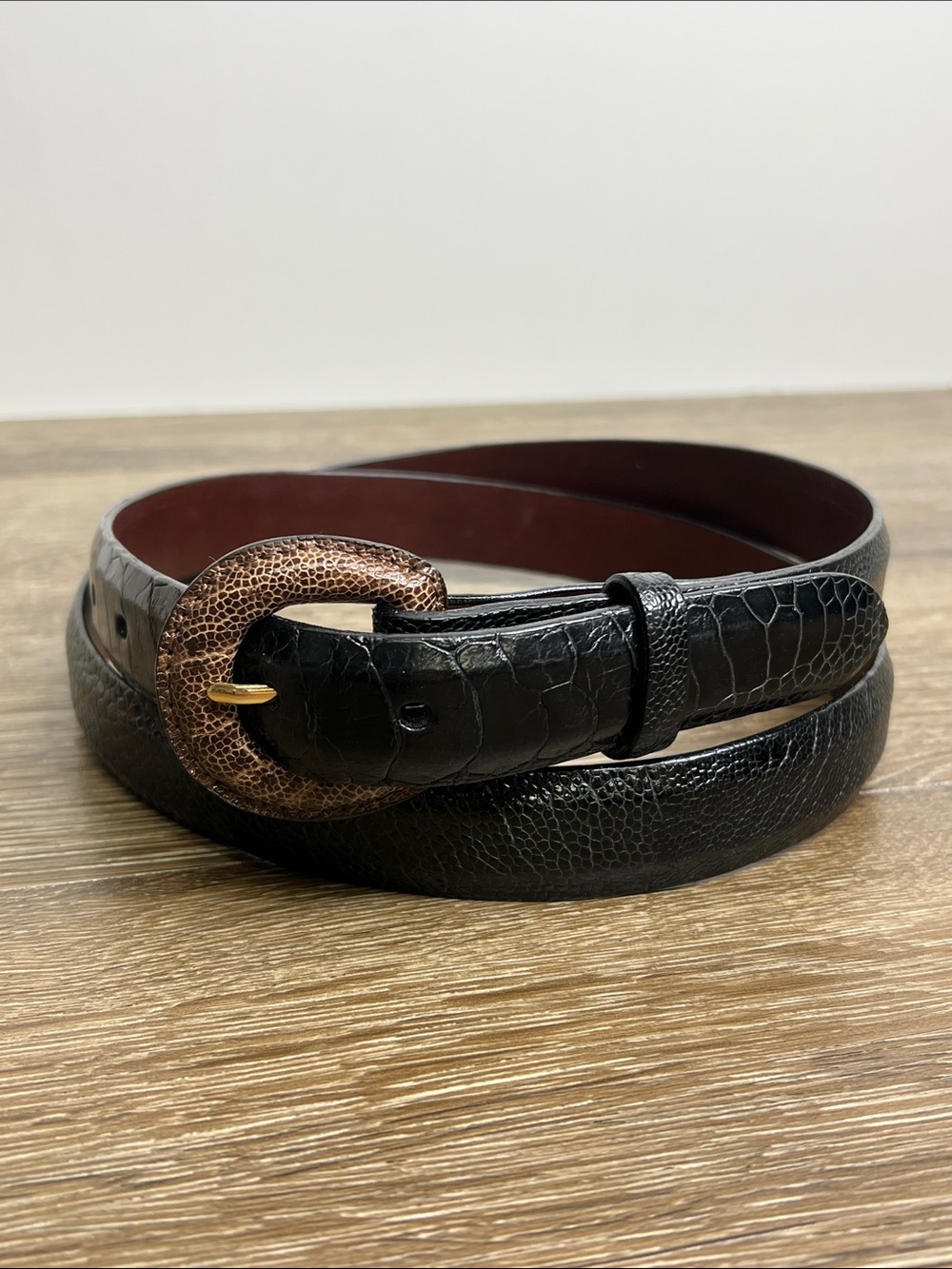 Vintage Genuine Ostrich Leg Leather Belt Brown Exotic Skin Wrapped Buckle